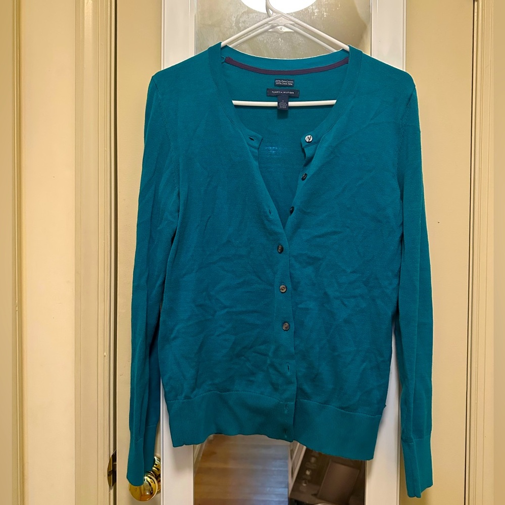 TOMMY HILFIGER Teal Cardigan 100% Pima Cotton